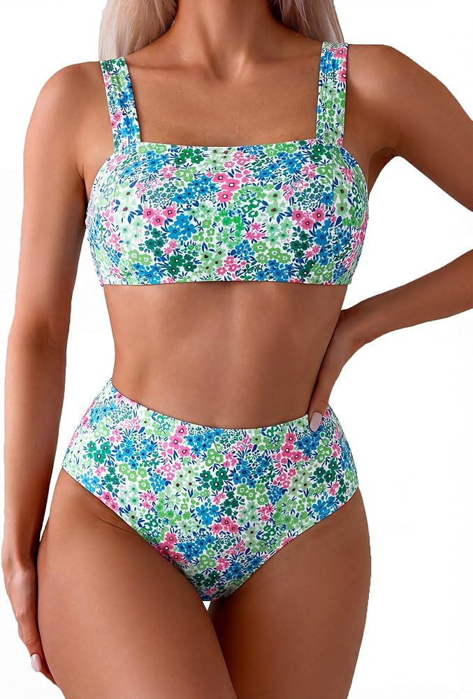Women's High Waisted Bikini Sets Wide Straps Two Piece Swimsuit Floral Print Bathing Suits | Amazon (US)