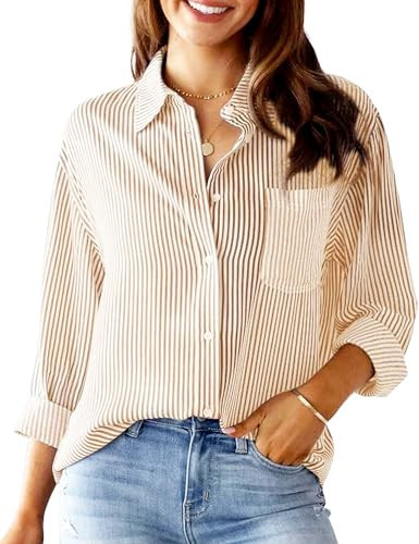 TUREAU Women's Striped Button Down Shirts Classic Long Sleeve Stylish Lapel Collared Office Work Blouses Tops with Pockets(L,Khaki) | Amazon (US)