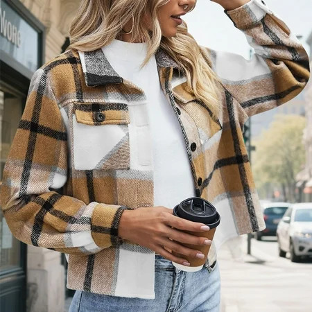 Lmueinov Womens Shacket Jacket Cropped Flannel Shirts for Women Plaid Button Down Shirt Fashion Fall Outfits for Women Coat Tops, S-4XL | Walmart (US)