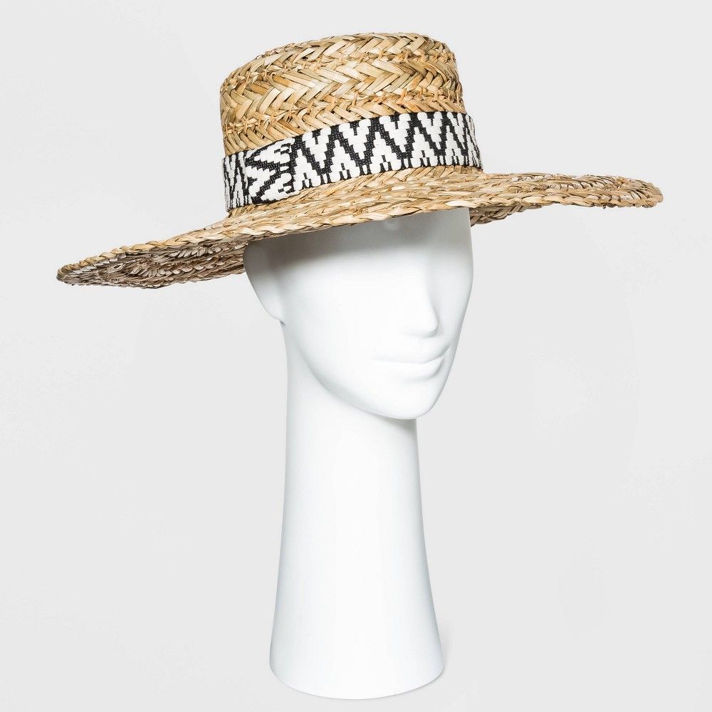 Women's Wide Brim Straw Boater Hat with Guitar Strap Band - Universal Thread Natural, Brown | Target