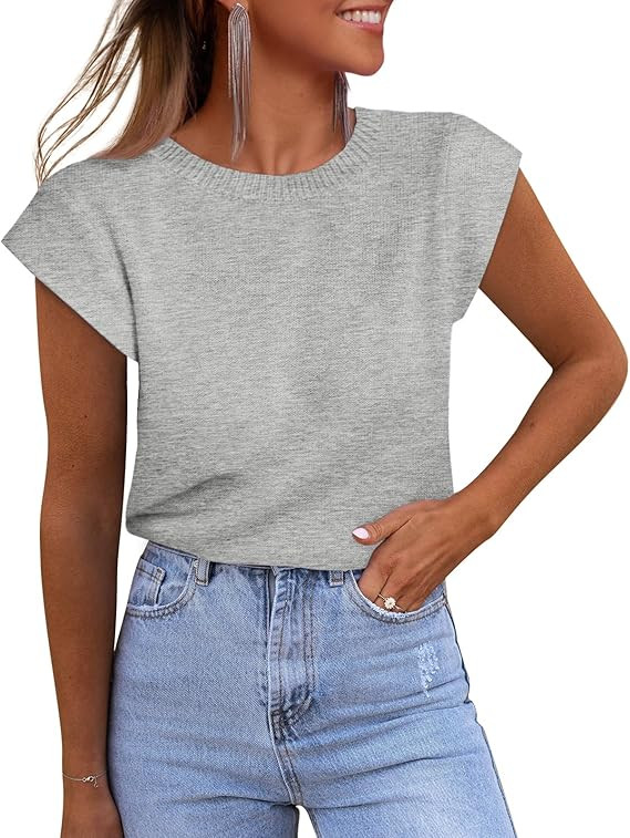 Cicy Bell Womens Cap Sleeve Sweater Vest Summer Casual Sleeveless Knit Tank Tops Loose Fit Crew N... | Amazon (US)