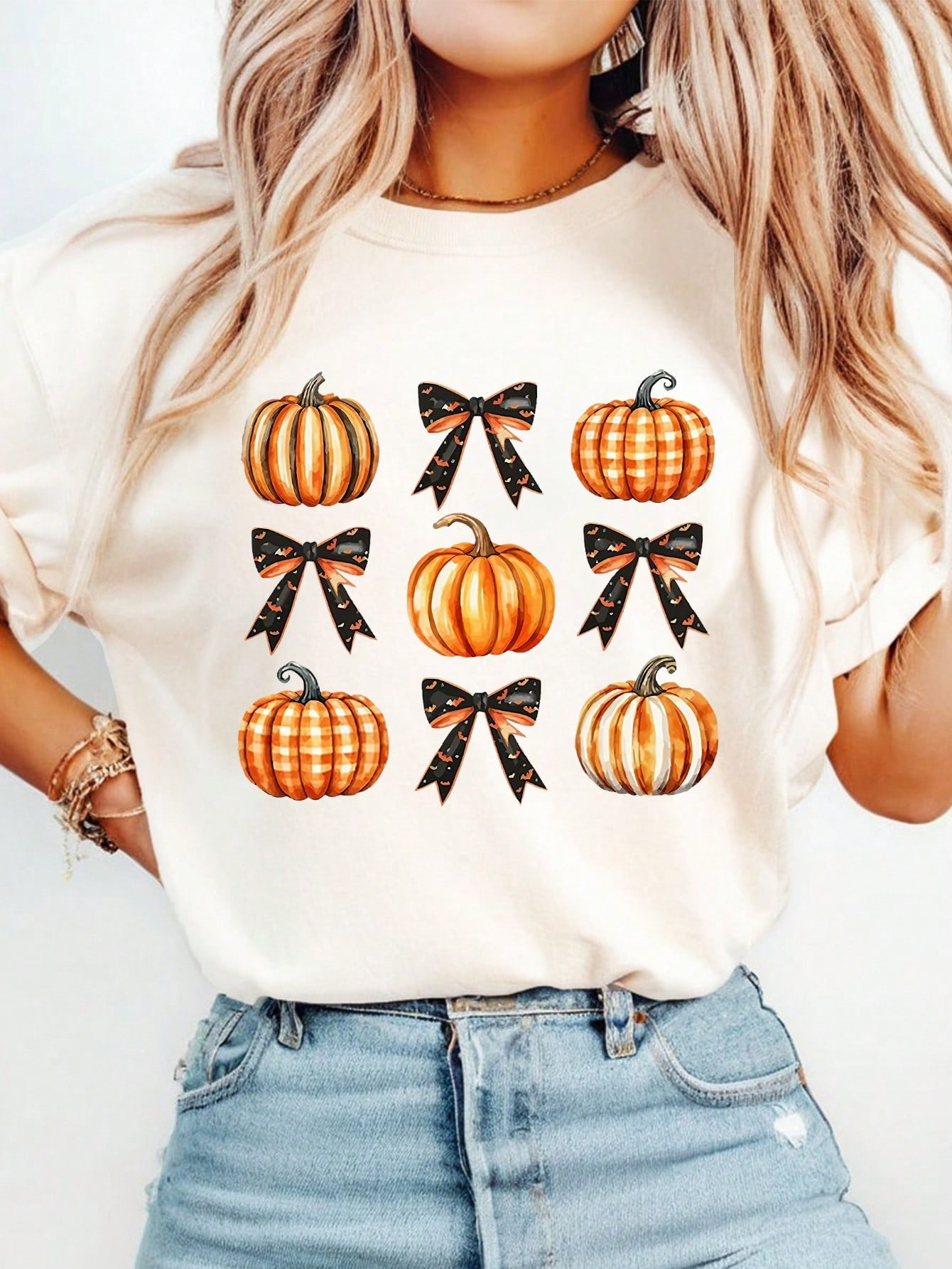 SHEIN LUNE Women's Halloween Ghost Pumpkin & Bow Print Crew Neck Casual T-Shirt | SHEIN