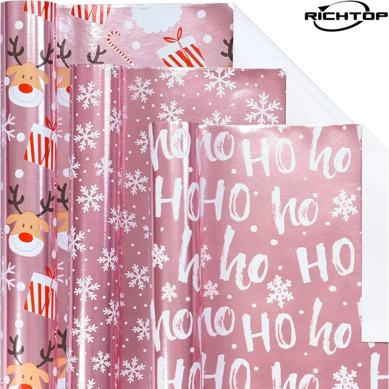 Christmas Wrapping Paper Roll, Pink Metallic Foil Shine Paper - Snowflakes/Santa Claus/HO Print f... | Walmart (US)