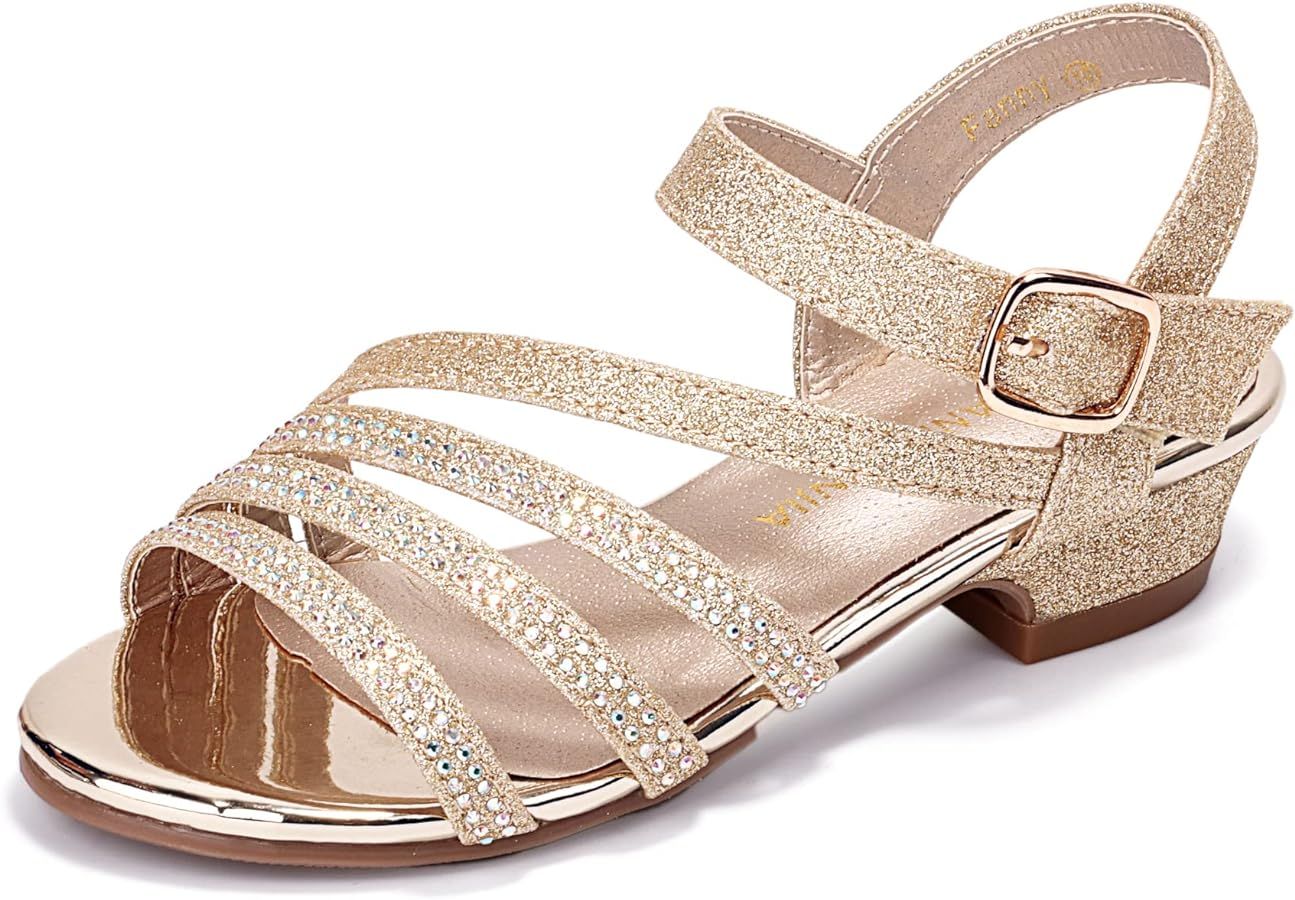 PANDANINJIA Girls Heels Open Toe Low Heel Dress Pump Sandals Flower Girls Wedding Party Shoes for... | Amazon (US)