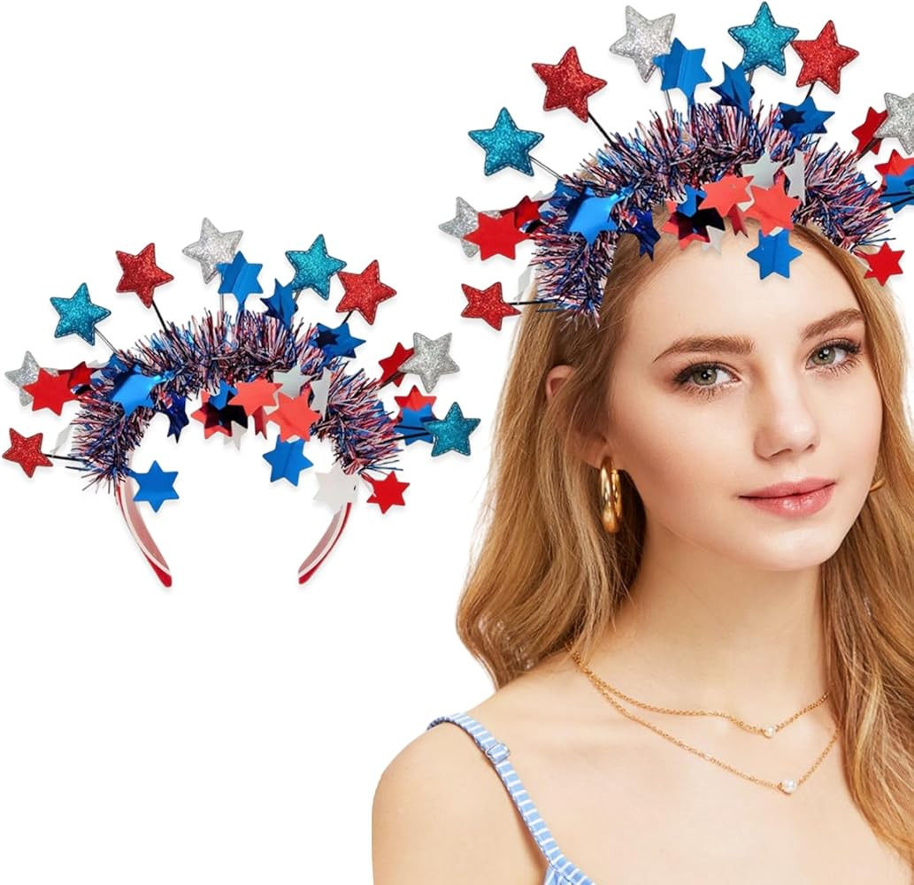Glitter Star Headband Halo Crown 4th of July Patriotic Party Parade Celebration Mardi Gras Suppli... | Amazon (US)