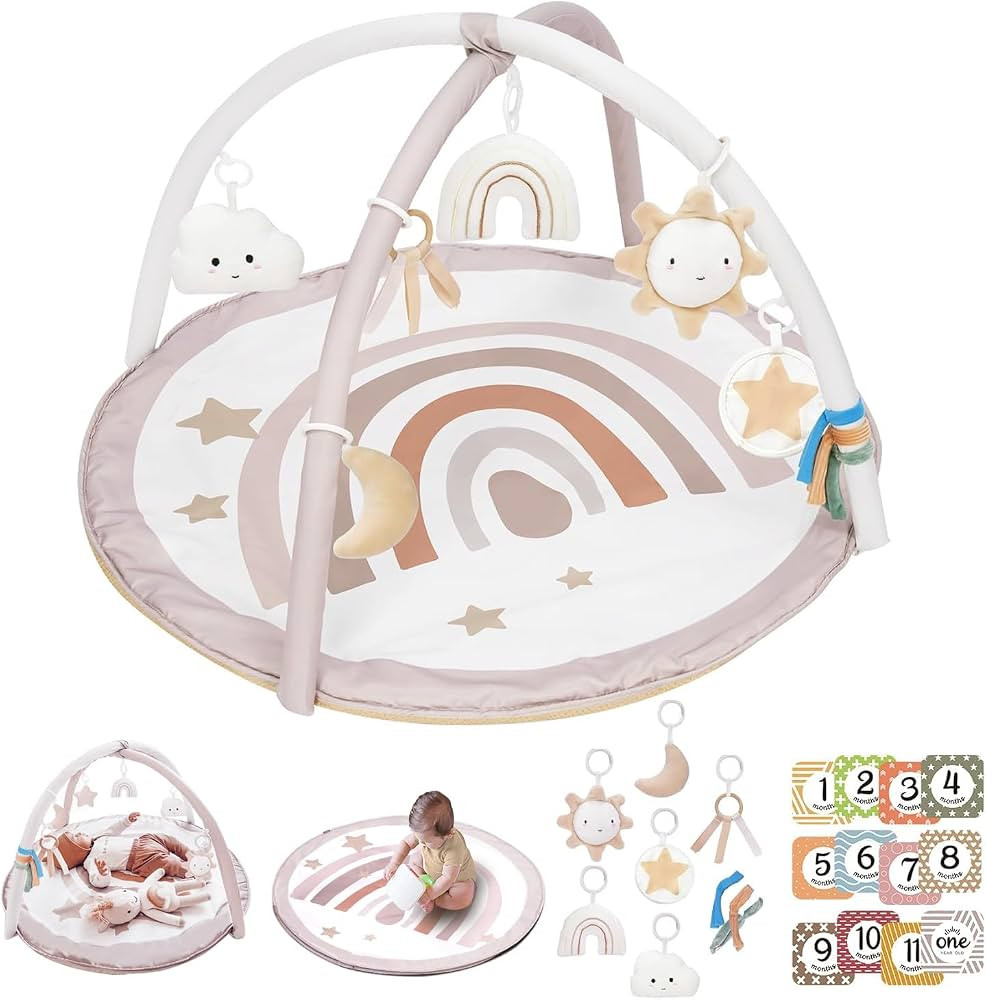 Baby Play Gym Mat, Tummy Time Activity Mat with 7 Detachable Toys and 12 Milestone Cards for Stag... | Amazon (US)