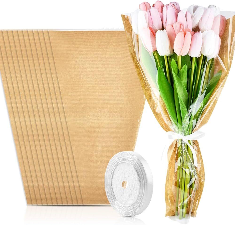 50 PCS Flower Sleeves for Bouquets, Kraft Paper Floral Wrapping Paper with Ribbons Florist Wrap B... | Amazon (US)
