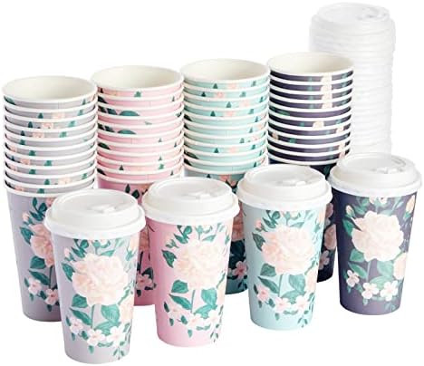 BLUE PANDA Paper Coffee Cups - 16 Oz, 48 Count, 4 Pastel Floral Colors - Disposable Cups with Lid... | Amazon (US)