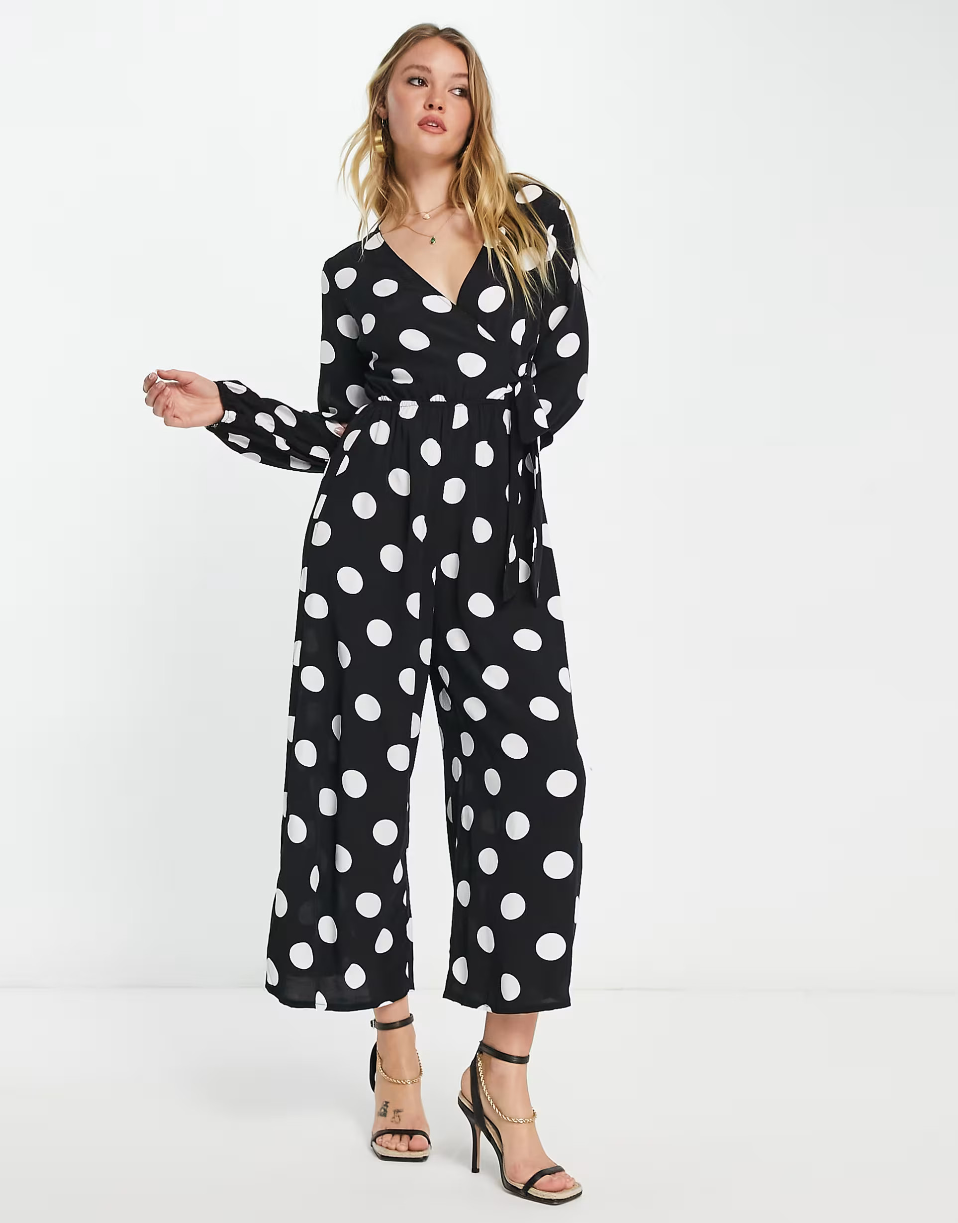 ASOS DESIGN wrap tie jumpsuit in mono spot print | ASOS (Global)