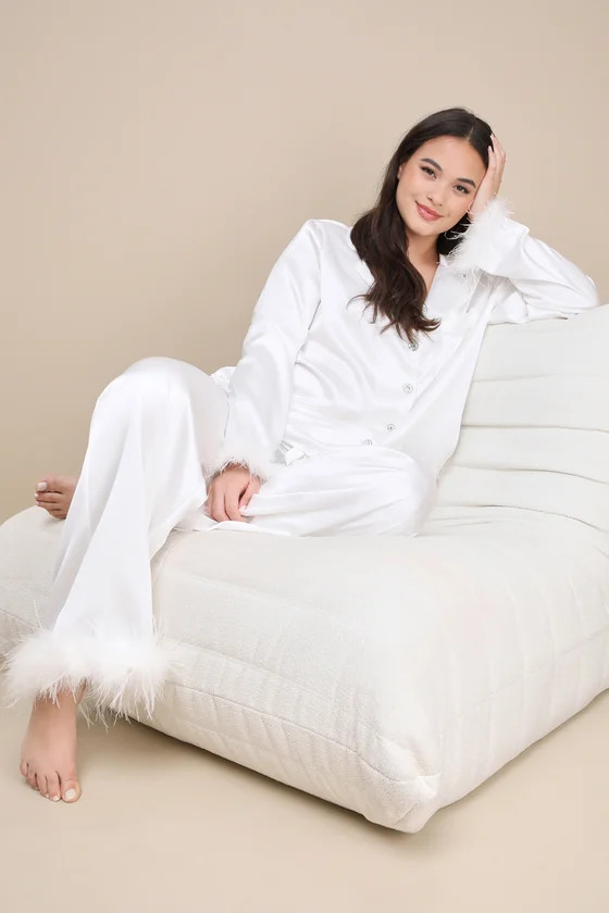 Dreamiest Delight White Satin Feather Two-Piece Pajama Set | Lulus