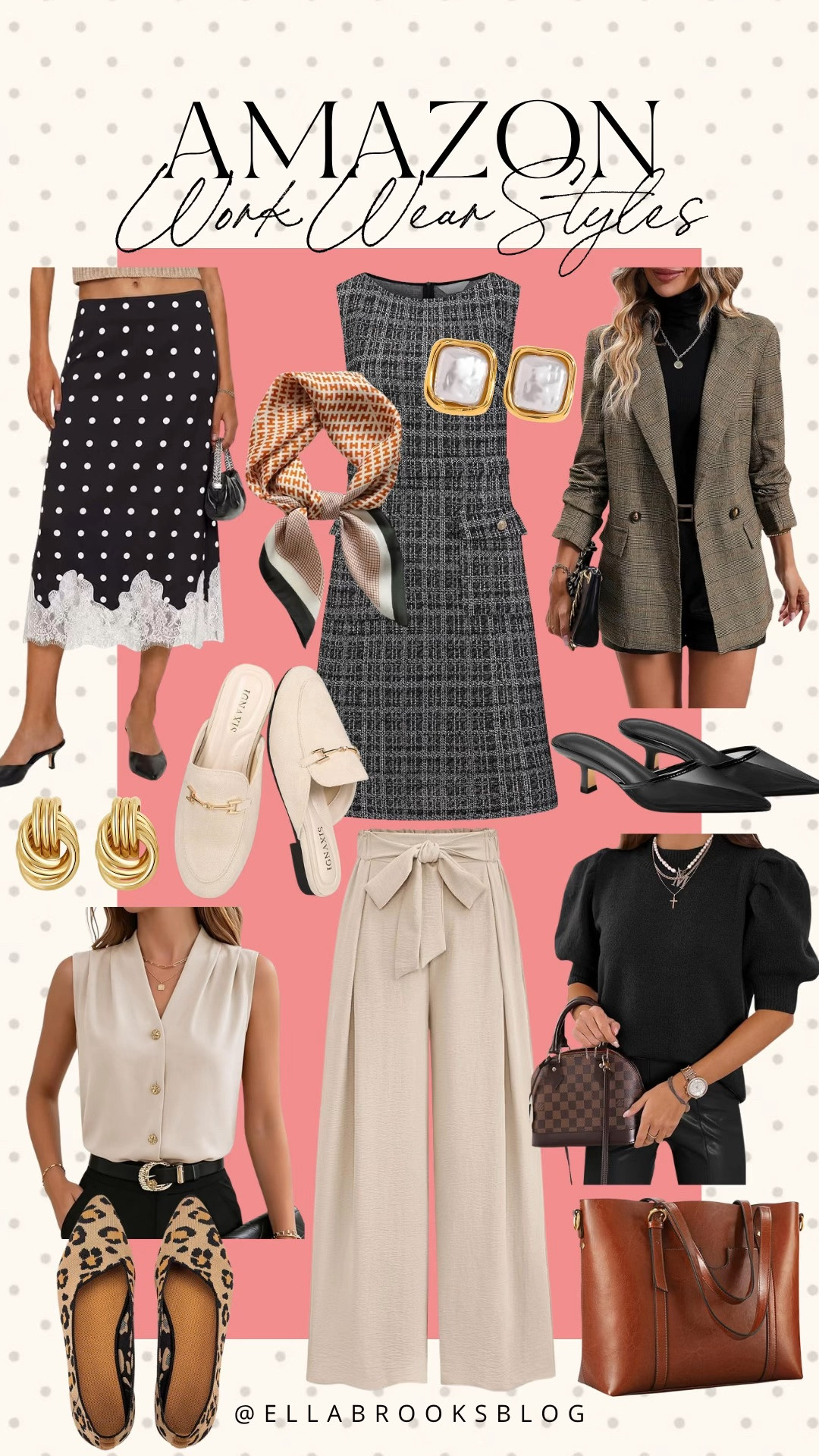 Amazon work wear styles

Business attire, business casual, office outfit, tweed dress, pleated pants, blazer jacket, kitten heels

#LTKootd #LTKSeasonal #LTKWorkwear