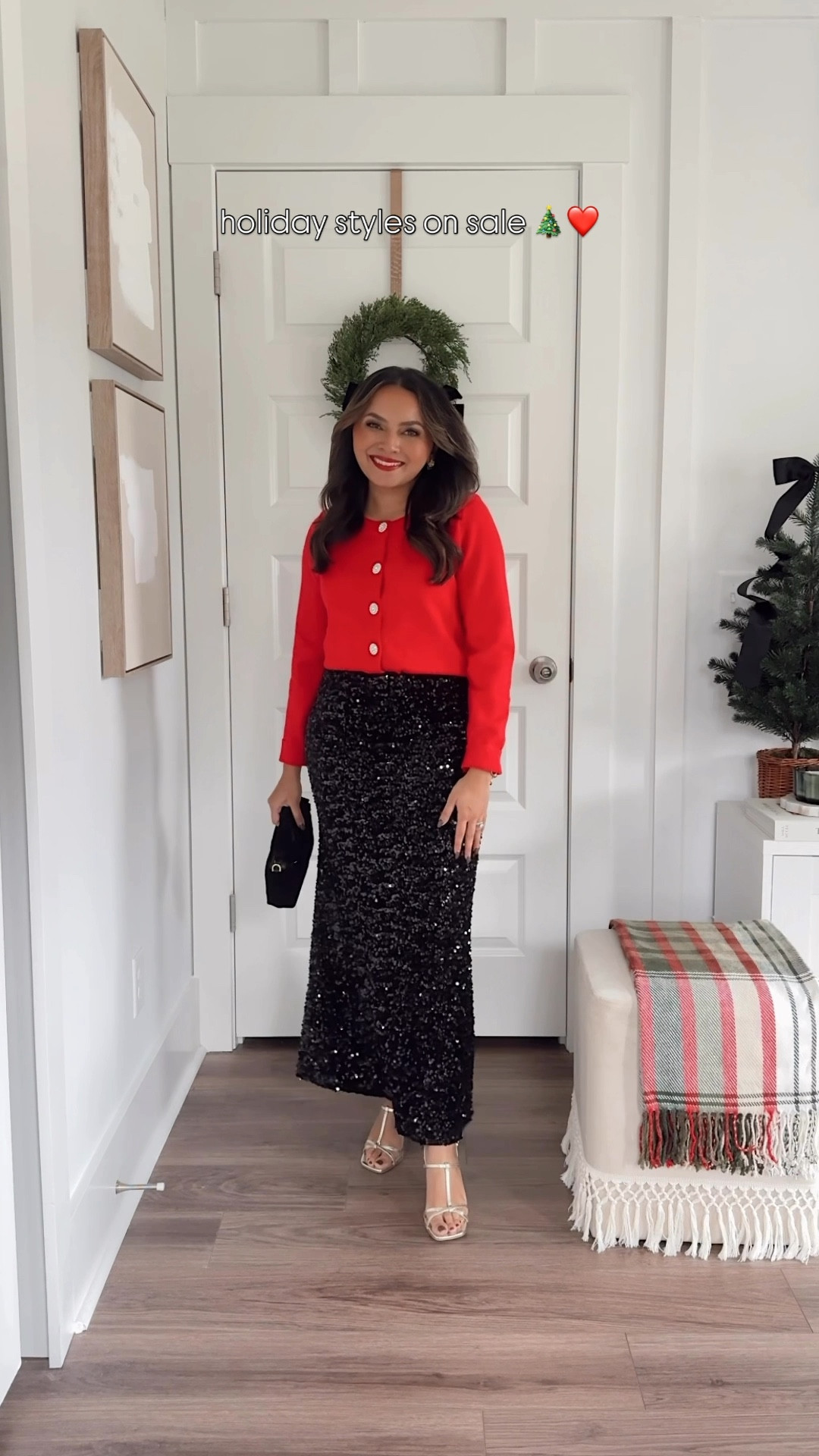 Red cardigan size XS TTS - Use code HONEYSWEET15 for 15% off
Black sequin skirt size XS regular TTS - my skirt is last years version but it does come in petite too!
Gold heels size 5 TTS

Black sequin mini dress size XS petite TTS 
Tights size small TTS 
Black bow heels size 5 TTS

Red coat size XS Petite TTS
Black lace trim velvet top size XS petite TTS
Black trouser pants size 2 petite TTS 
Gold heels size 5 TTS

Champagne top size XS petite TTS
Champagne sequin skirt size XS - a little snug in the waist , I’d size up a size
Gold heels size 5 TTS 

Black rhinestone sweater size XS TTS 
Black sequin flare plants size XS Petite TTS 
Black heels size 5 TTS

Red lipstick shade 21 Rouge Paradox

Holiday Outfits 
Holiday style 
Christmas outfit 
Holiday party
Christmas style 
Christmas party 

Honey Sweet Petite 
Honey sweet petite

Comment SHOP below to receive a DM with the link to shop this post on my LTK ⬇ https://liketk.it/4WeMC #ltkparties #ltkstyletip #ltkholiday

#LTKFindsUnder50 #LTKSaleAlert #LTKHoliday