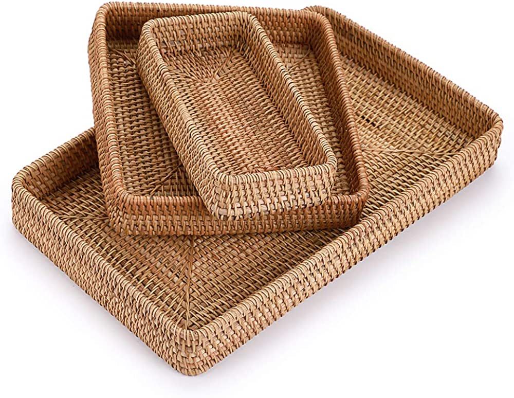 Hipiwe Large Rattan Serving Tray, Handwoven Wicker Basket Organizer Tray, Rectangle Tabletop Breakfa | Amazon (US)