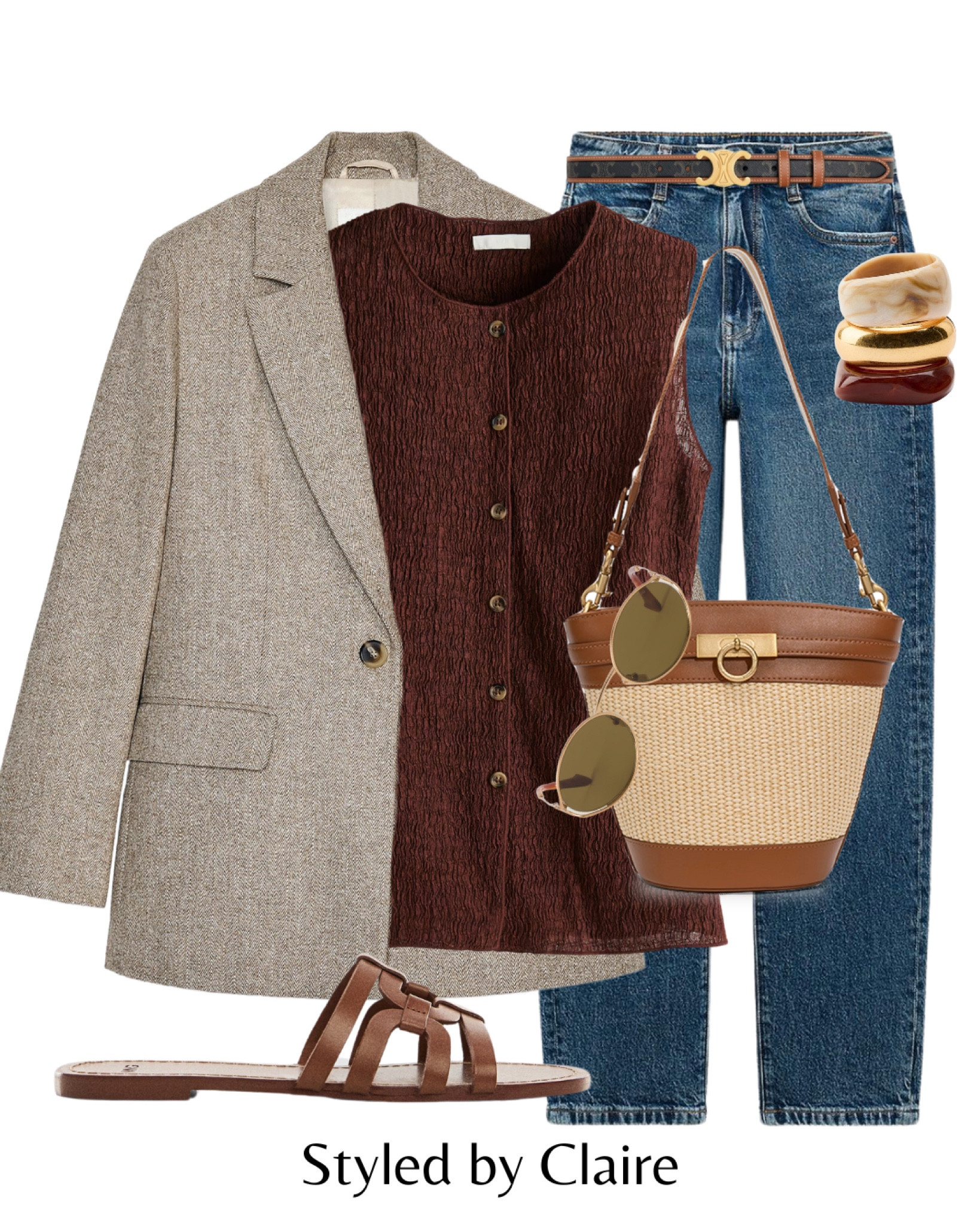 Chic waistcoat styling🍒
Tags: herringbone Zara blazer H&M brown textured button up burgundy straight leg cropped jeans mango brown neutral cross slide sandals bracelets chunky bucket bag leather mug mid sunglasses Celine belt fashion spring inspo outfit ideas chic women’s style city break date night Paris Barcelona Dubai 

#LTKshoes #LTKspring #LTKstyletip