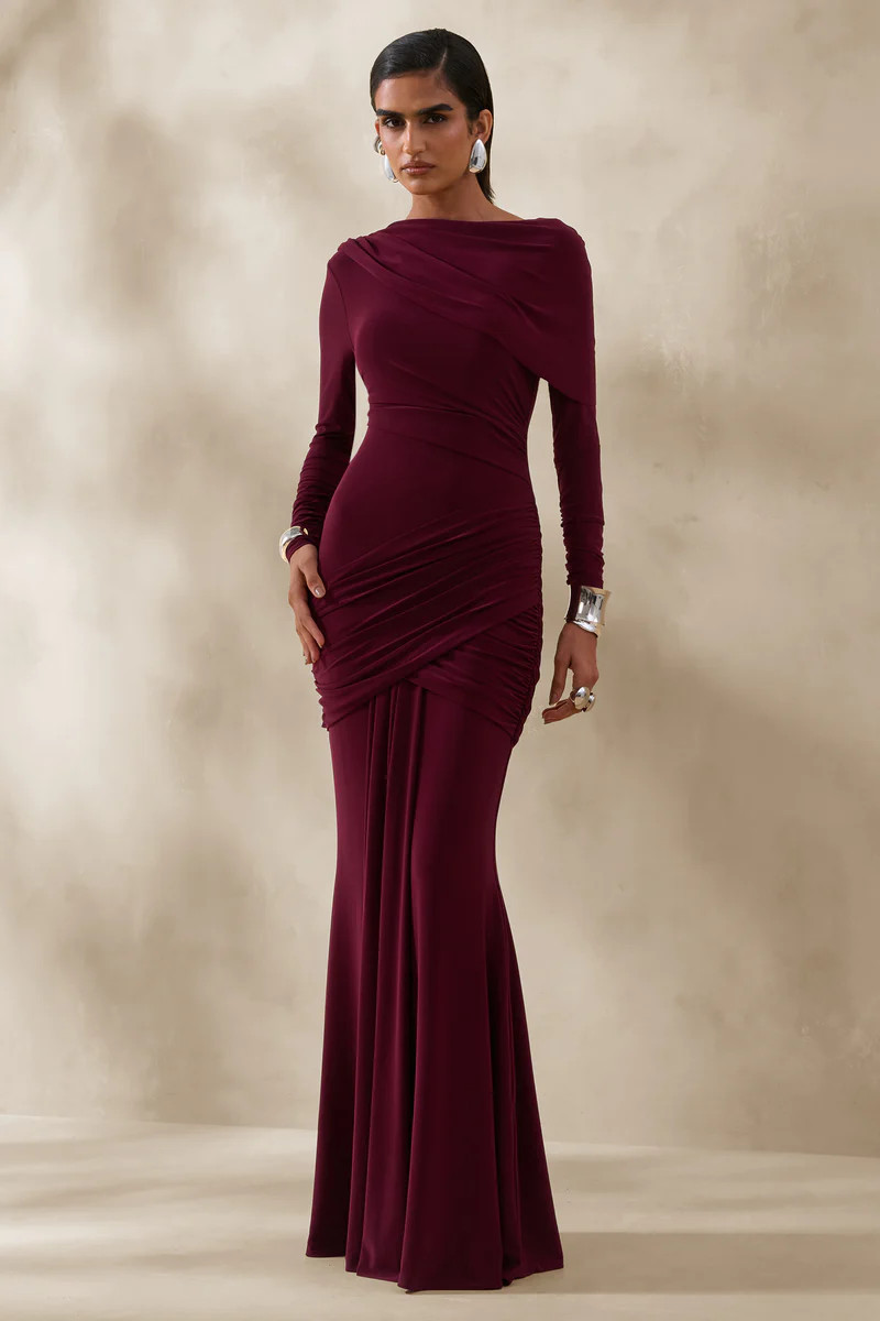 Kessara  Burgundy Asymmetric-Neck Maxi Dress With Sash And Gathered-Detailing | Club L London