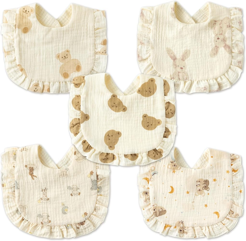 Zainpe 5Pcs Snap Muslin Cotton Baby Drooling Bibs Bib with Flounce Lace Absorbent Layers Soft Bur... | Amazon (US)