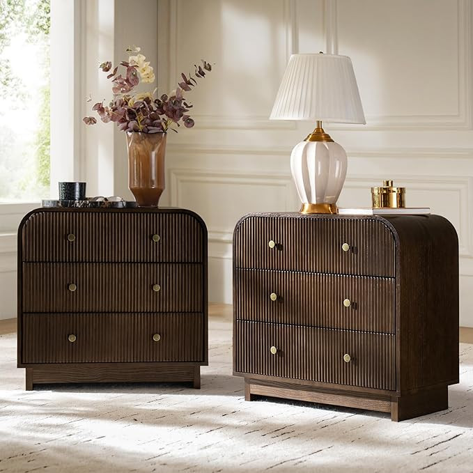 HULALA HOME Fluted Storage End Tables Set of 2 with Charging Station, Modern 3 Drawer Wood Side T... | Amazon (US)