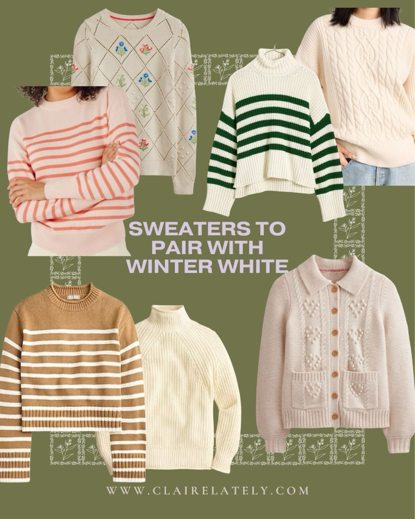 Add a layer of warmth to your winter white outfits with a lighter toned sweater - cream, pale pink, or camel. Stripes and florals too! 
❤️ Claire Lately 

#LTKfindsunder100 #LTKstyletip #LTKSeasonal