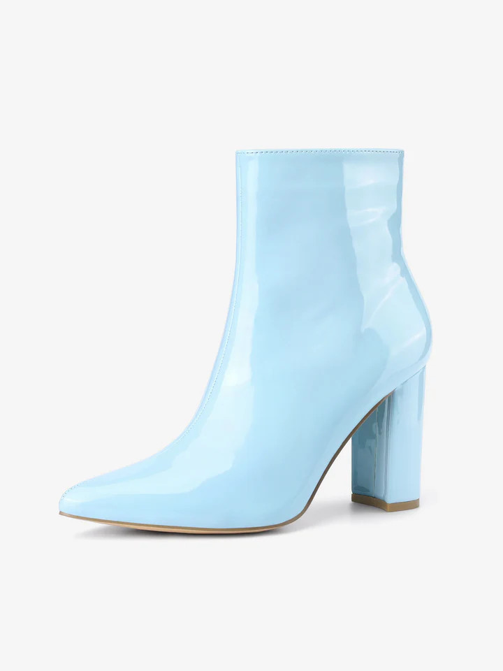 Faux Patent Leather Chunky Heel Pointed Toe Zipper Ankle Boots | allegra-k