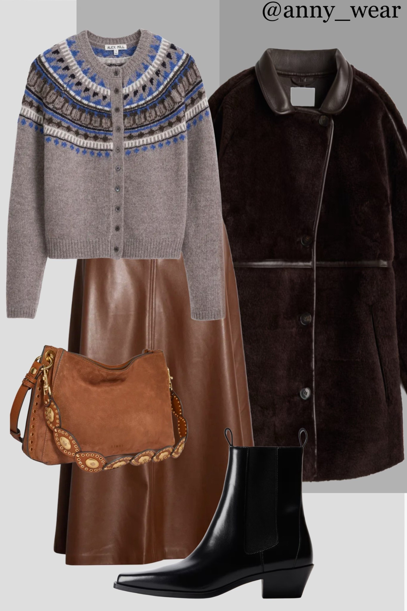 Cozy textures, rich neutrals, and a subtle touch of color - this is my formula for an elevated winter outfit.
The hero piece here is a cropped Fair Isle cardigan in soft grey with blue accents, which keeps the look relaxed but still polished. I paired it with a caramel brown midi skirt in a leather-look fabric for structure and a bit of shine. The dark chocolate shearling coat adds warmth and depth to the palette, making the whole outfit feel luxe and winter-ready.
To finish the look, I chose sleek black ankle boots with a low block heel for an elongated leg line and everyday comfort, plus a tan suede shoulder bag with gold details to echo the warm tones of the skirt.
This combo works perfectly for city walks, casual office days, or weekend coffee dates - feminine, cozy, and quietly sophisticated.

#LTKworkwear #LTKstyletip #LTKover40 #LTKshoecrush #LTKitbag 

#LTKootd #LTKSaleAlert #LTKHoliday