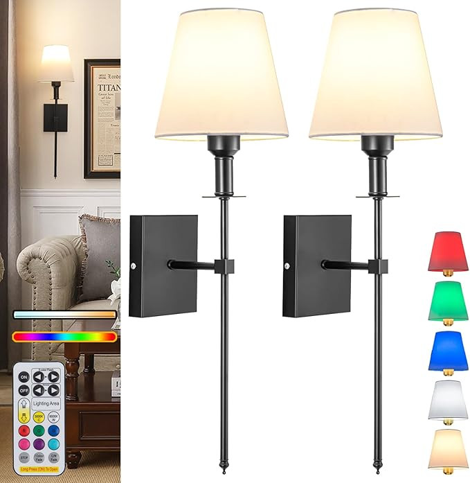Wall Lights Battery Operated Wall Sconces Set Of 2,Black Rechargeable Wall Light With Wireless Re... | Amazon (US)