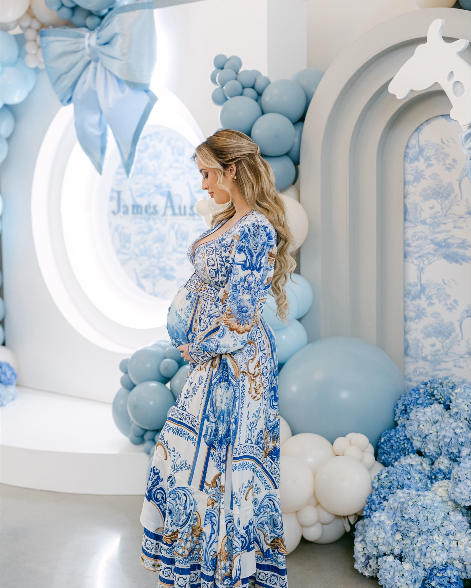 Baby shower outfit 🧸🩵 theme was baby Dior and I wore this Camila dress in a size XS and it fit perfectly with my belly at 32 weeks. Shoes I’m wearing the Prada platforms in a 37, true to size. 

#LTKBump #LTKPetite #LTKBaby