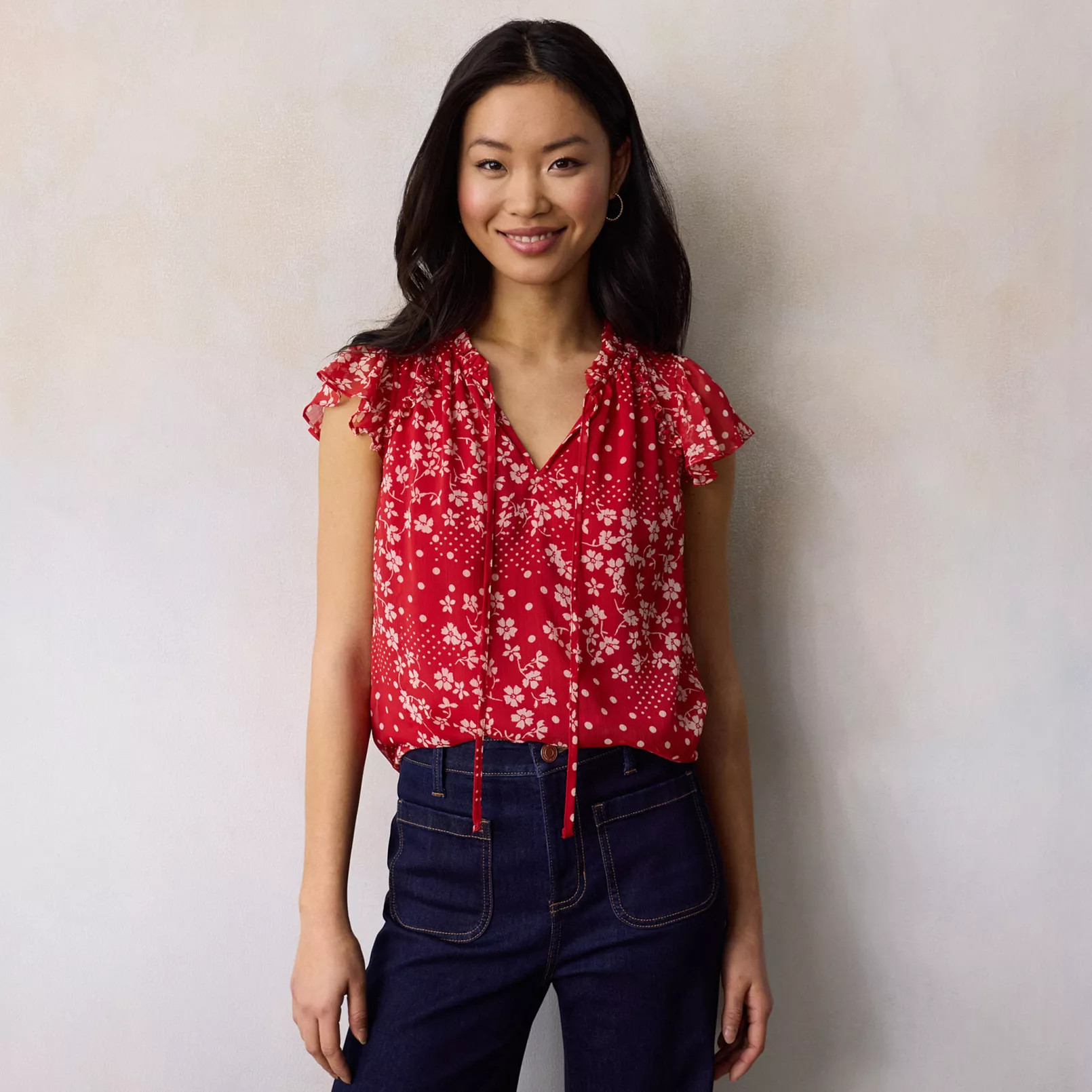 Women's LC Lauren Conrad Ruffle V-Neck with Trim Top | Kohl's