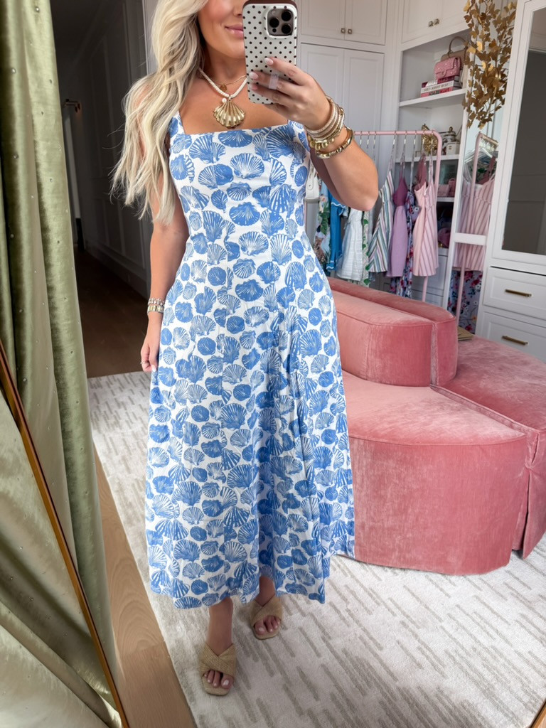 Shell printed spring midi dress. 25% off right now  

#LTKgrwm #LTKootd