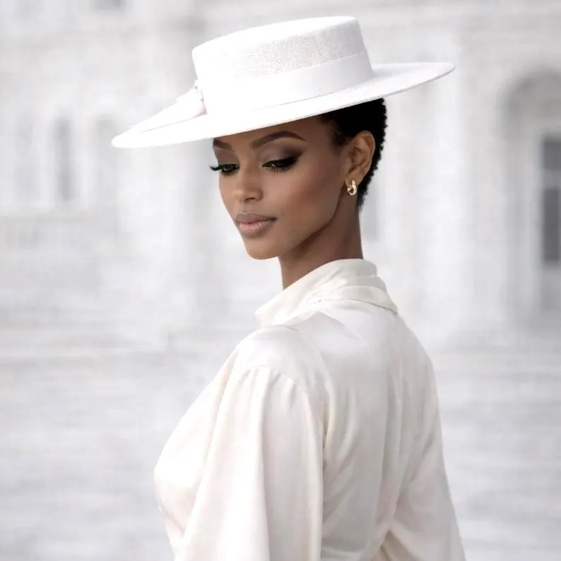 ROSALIE White Straw Boater Hat with Silk Ribbon for Weddings and the Races, | Etsy (US)