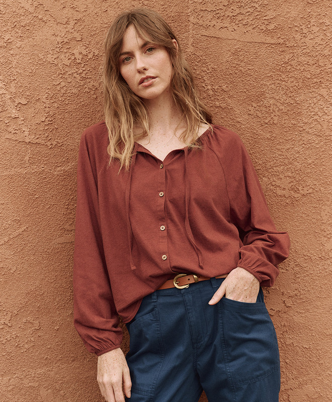 seaside linen blend poet sleeve top | Pact Apparel