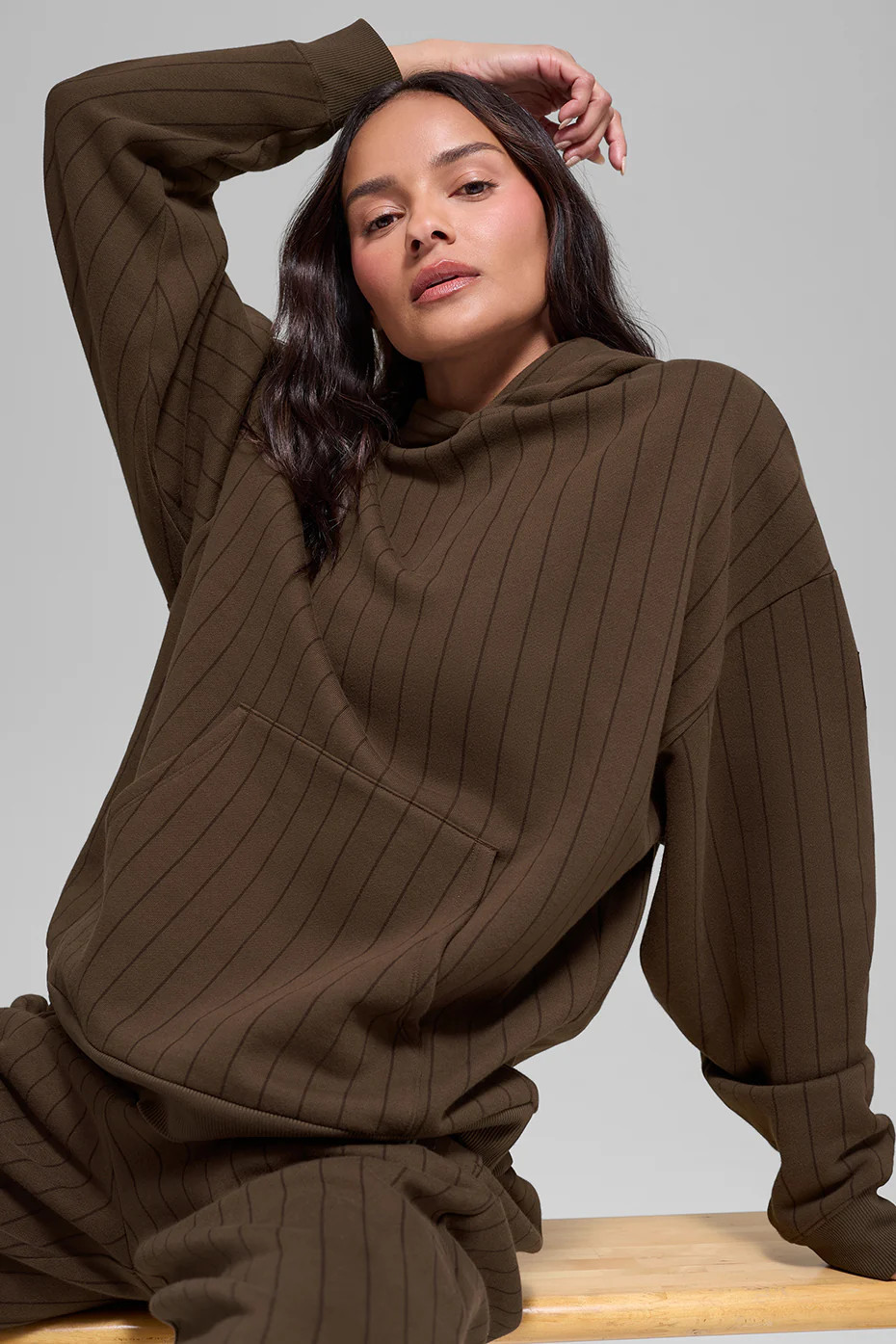 ALO | Pinstripe Hoodie in Espresso Pinstripe Brown, Size: 2XL | Alo Yoga