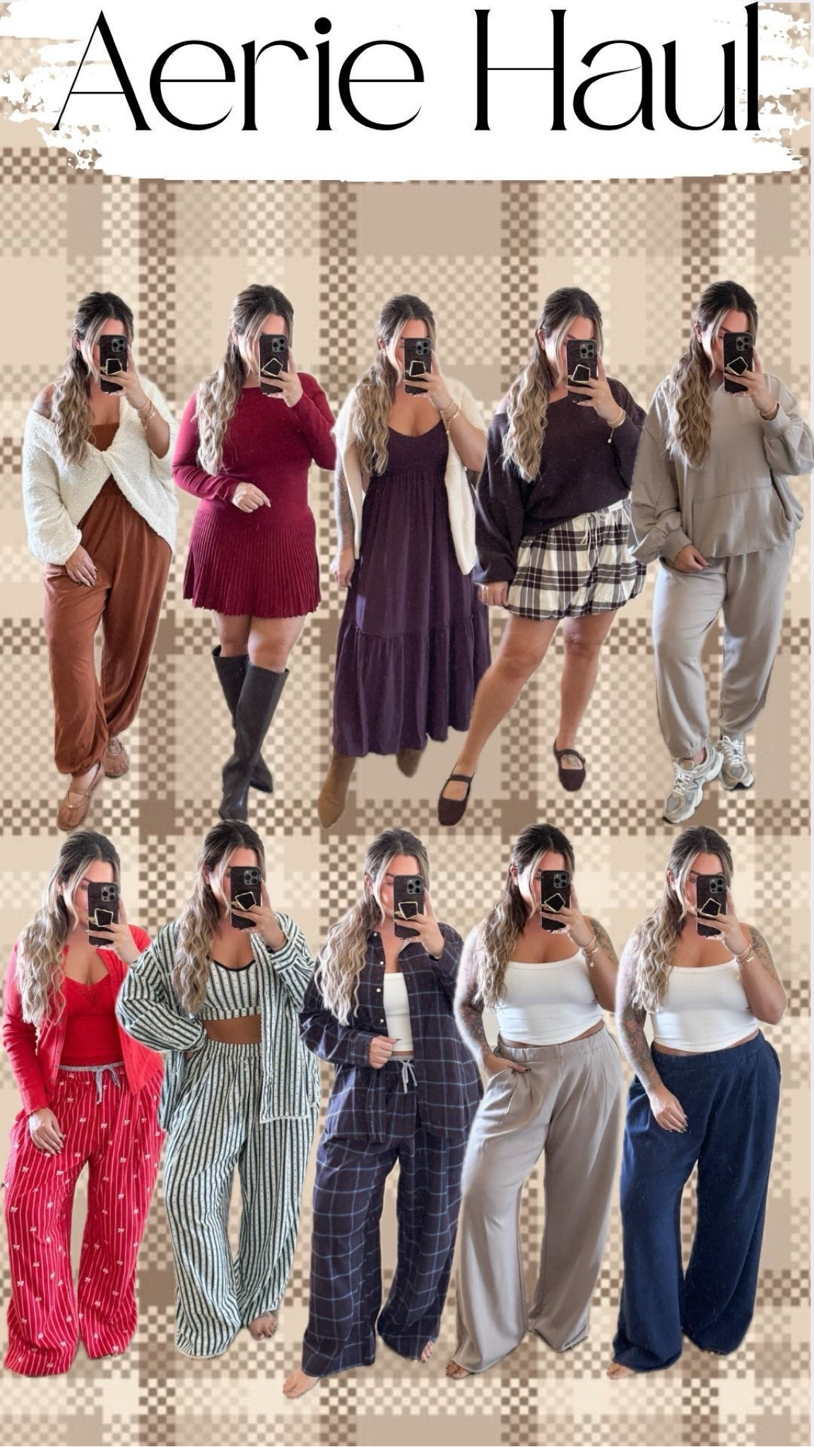 Aerie / American Eagle Haul 

Jumpsuit L 
Sweater over jumpsuit is amazon size L
Dresses L 
Skirt L 
Dark brown sweatshirt L 
Tan sweatshirt L 
Tan joggers L 
Wide leg sweatpants L reg they run big size down 
Pjs all L 
Pj bra tops xl 
White tank amazon M/L 
Amazon sweater draped with dress XL 

All boots size up 
Flats tts 


Follow my shop @shaynaslife on the @shop.LTK app to shop this post and get my exclusive app-only content!

#liketkit 
@shop.ltk
https://liketk.it/5wpAg

#LTKFindsUnder50 #LTKSaleAlert #LTKFindsUnder100