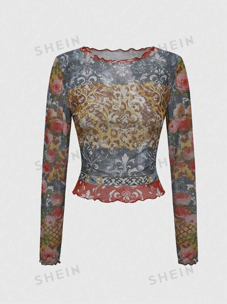ROMWE Grunge Punk Women Casual Floral Print Round Neck Long Sleeve Blouse, Suitable For Autumn | ... | SHEIN