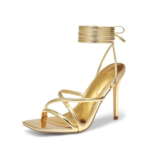 DREAM PAIRS Heels for Women Strappy High Stiletto Lace Up Heeled Sandals Square Open Toe Heels for Prom Party Dating,Size 8.5,Gold-Pu,SDHS2478W | Amazon (US)