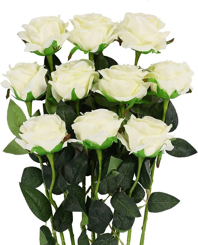 Luyue Artificial Silk Rose Flower Bouquet Wedding Party Home Decor, Pack of 10(Style 1-Off White) | Amazon (US)