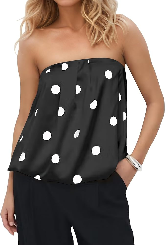 Ythomm Polka Dot Tube Tops Women Sleeveless Strapless Bubble Hem Bandeau Tops Elegant Dotted Back... | Amazon (US)