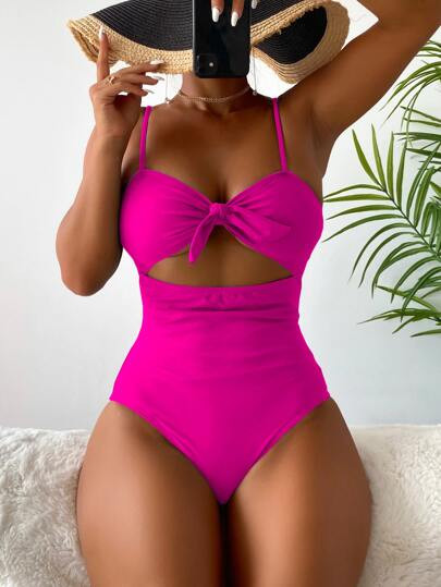 Knot Front Cut-out One Piece Swimsuit | SHEIN