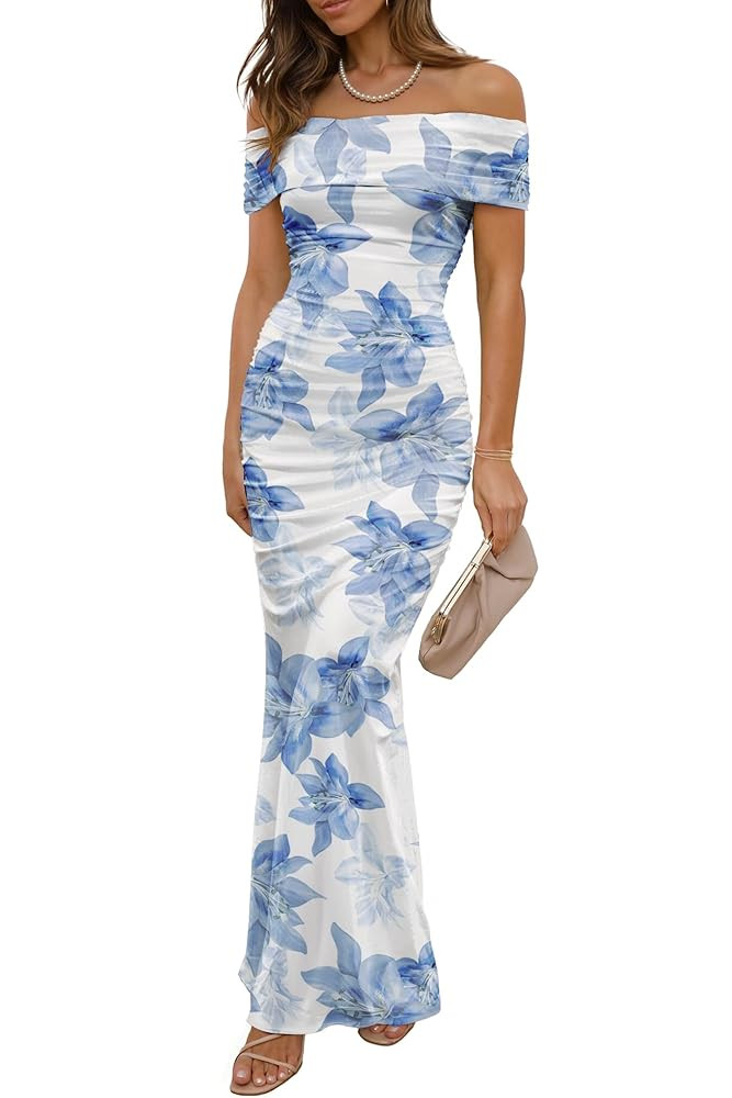 Women's Mesh Floral Maxi Dress 2025 Summer Off The Shoulder Ruched Bodycon Long Cocktail Party Fi... | Amazon (US)