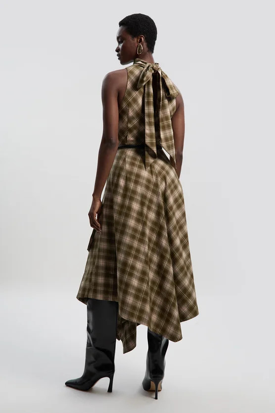 Petite Tailored Check Belted Full Midi Dress | Karen Millen UK + IE + DE + NL