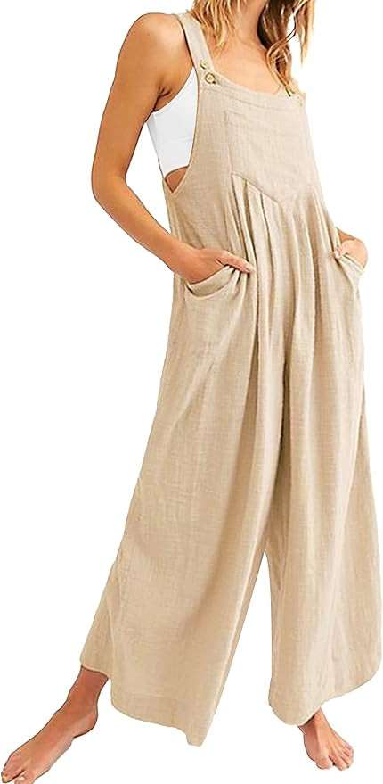 Bienmorn Women's Casual Loose Wide Leg Jumpsuit Flowy Pleated Sleeveless Adjustable Strap Cotton ... | Amazon (US)