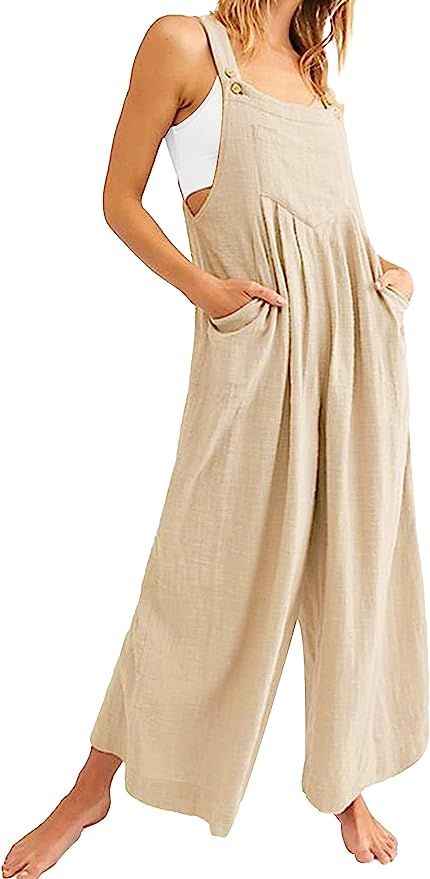 Bienmorn Women's Casual Loose Wide Leg Jumpsuit Flowy Pleated Sleeveless Adjustable Strap Cotton ... | Amazon (US)