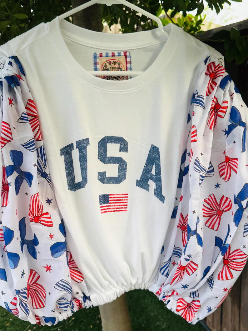 Patriotic USA Graphic Tee for 250 Anniversary With Red, White, & Blue Bow Bandanas. Bubble Croppe... | Etsy (Global)