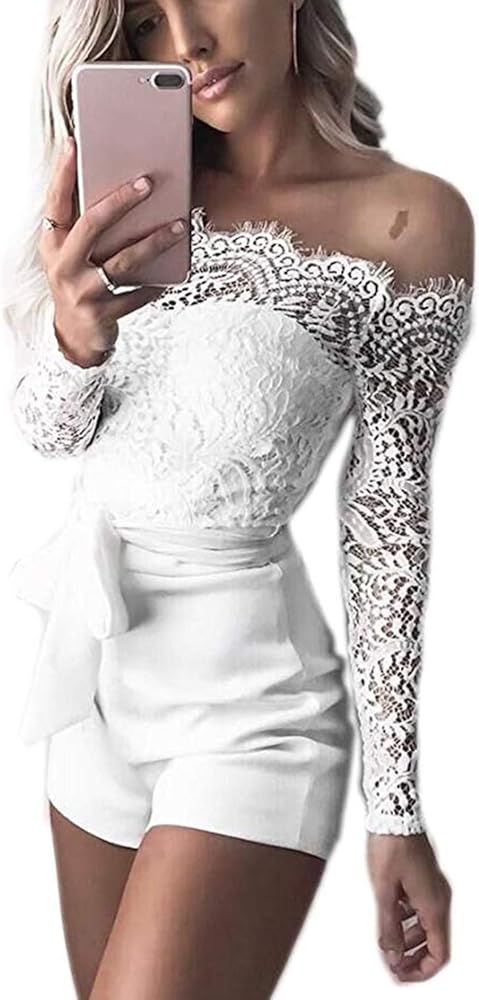 Amazon.com: Women Lace Jumpsuits Bodycon Casual Elegant Belt Short Pant Romper White L: Clothing | Amazon (US)