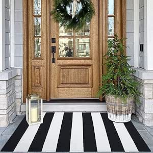 KOZYFLY Black and White Striped Cotton Doormat Rug 27.5x43 Inches for Front Door | Amazon (US)