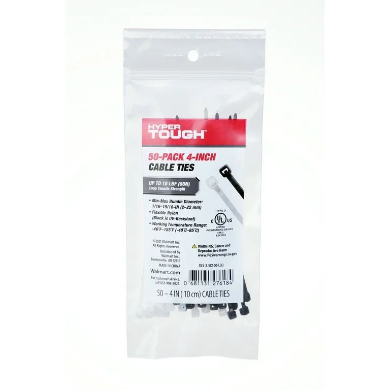 Hyper Tough 4 inch 18lb Cable Ties Natural and UV Resistant Black 50 Count | Walmart (US)