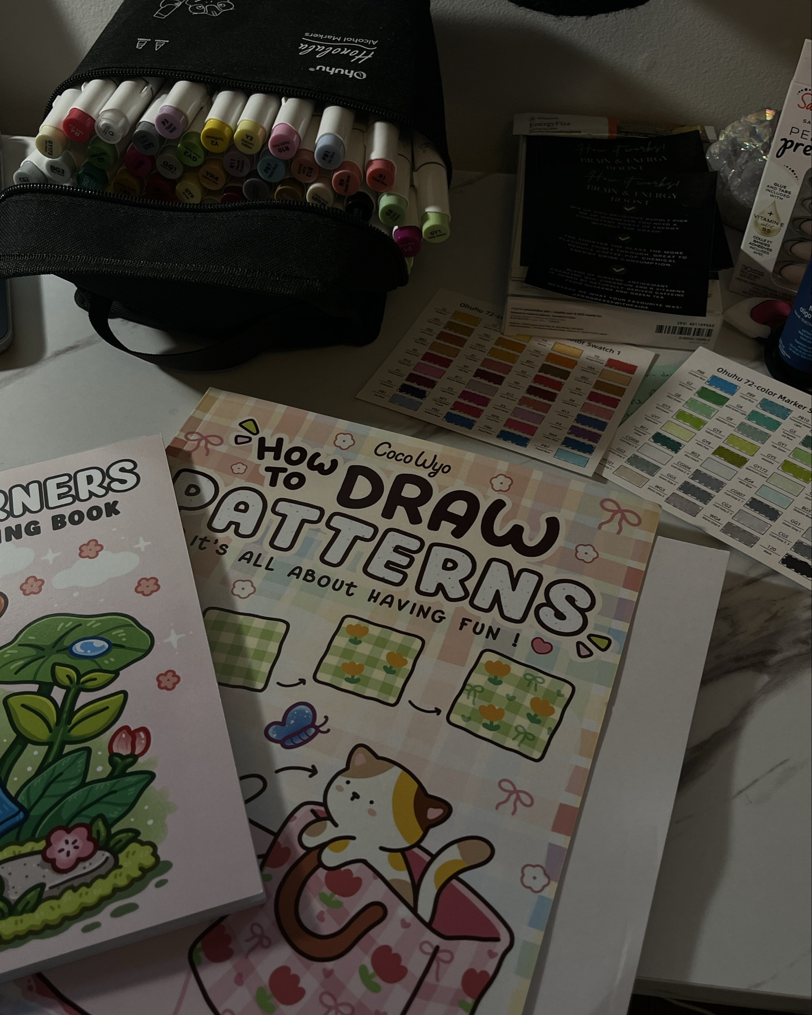 Colouring supplies I bought so far! I did so much research prior to purchasing 🤣 I love the how to draw patterns booklet so much!🩷 it gives you step by step instructions and then a blank doodle pattern to practice them ! 

#LTKcanada