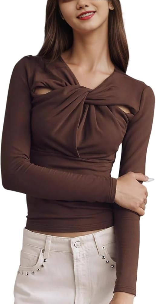 Averis Women's V-Neck Twist Design Solid Color Slim fit Long-Sleeved Bottoming Shirt T-Shirt Earl... | Amazon (US)