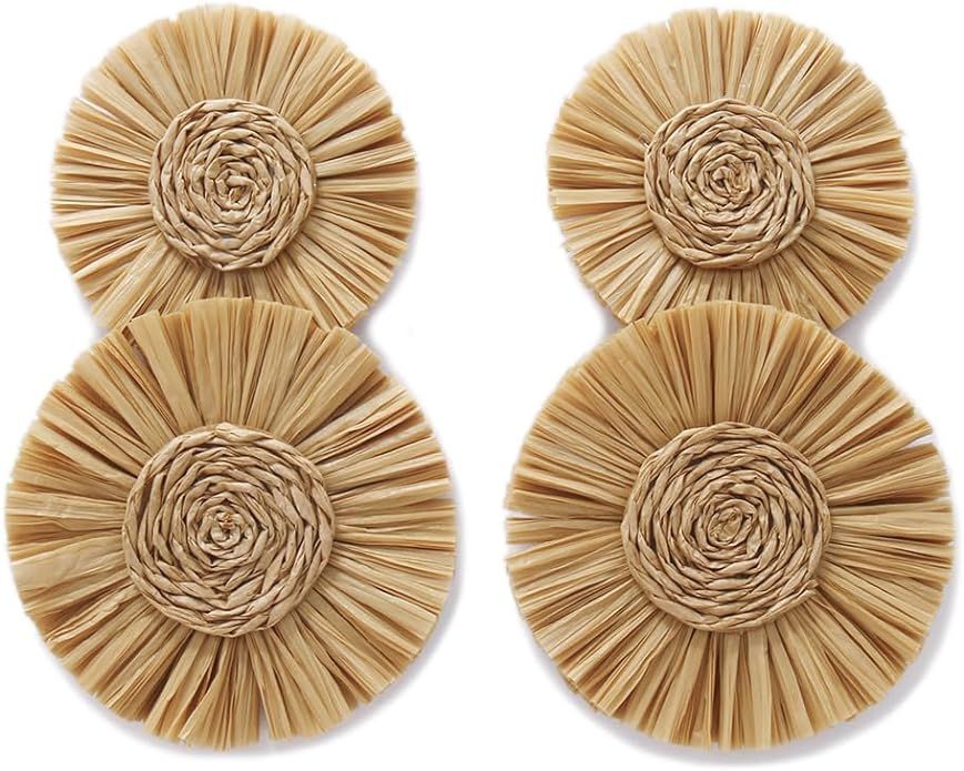 Statement Round Earrings Raffia Palm Bohemian Drop Dangle Earrings for women | Amazon (US)