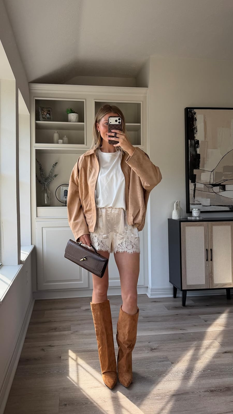 Elevated fall outfit, but mom friendly! Lace shorts have an elastic waistband. Bubble hem tee and lace shorts in size S, jacket in M. Boots tts.
 

 #LTKootd