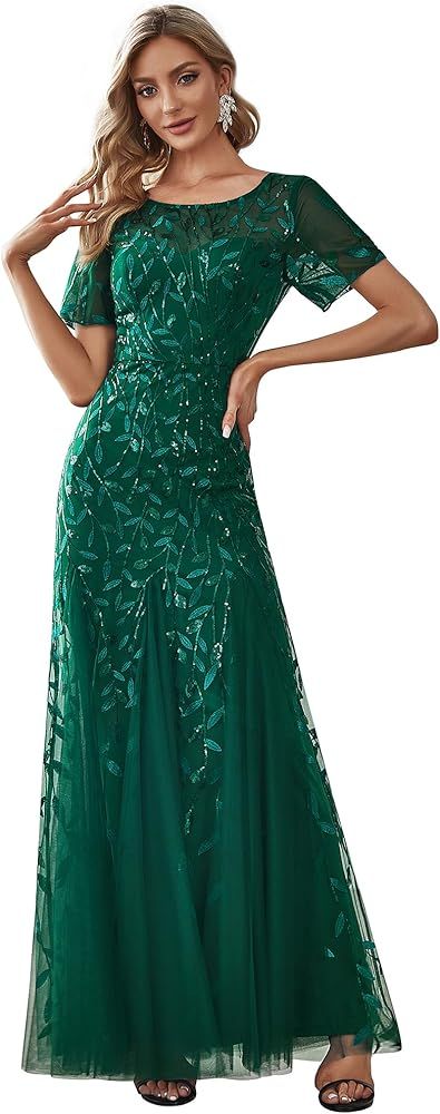 Ever-Pretty Women's Elegant Illusion Short Sleeve Crew Neck Sequin Embroidery Mermaid Evening Dre... | Amazon (US)